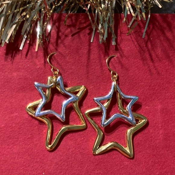 Museum Collection 2 Star Silver & Gold-tone Dangle Earrings Nickel Free - Picture 2 of 4